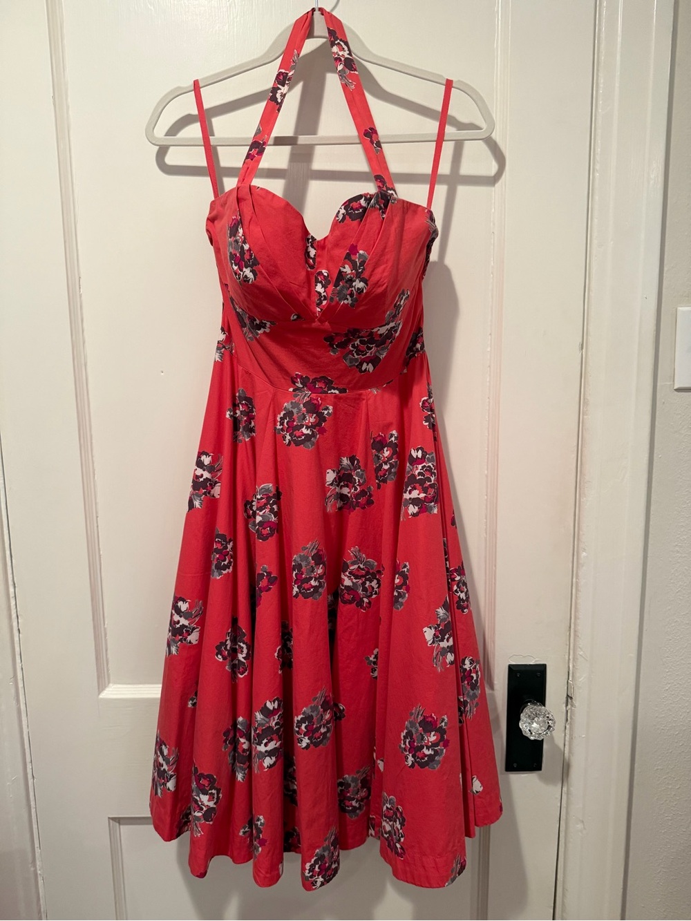 Anthropologie Coral Floral Midi Halter Dress Sweetheart Neck Full Skirt Size 4